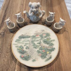 Miniature Little Pig Piglet Tea Set Resin Figurines 7 Piece Set Mini Dollhouse